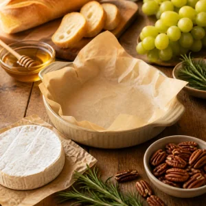 Plat tapisse de papier cuisson avec brie et ingredients
