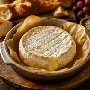 Brie cuit et moelleux legerement bombe dans un plat