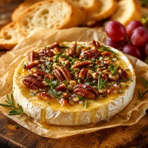 Brie chaud garni de miel, pecanes grillees, romarin et sel marin