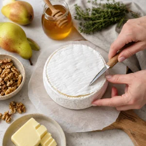 A Brie wheel on parchment is trimmed before baking with pears, walnuts, thyme, honey and butter nearby.