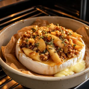 Baked Brie is warm and soft with honeyed pears and walnuts on top, gently oozing in the dish.