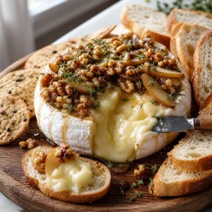 Finished baked Brie with honeyed pears, walnuts and thyme is served with baguette slices and crackers.