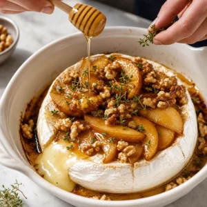 Honey is drizzled over baked Brie with pears, walnuts and fresh thyme for the final garnish.