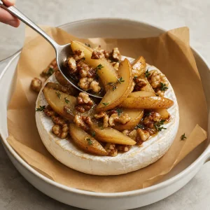 Honeyed pear, walnut and thyme topping is spooned over a Brie wheel in a parchment-lined dish.