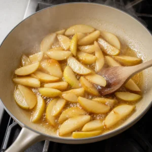 Pear slices simmer in butter, lemon juice and honey until glossy and lightly caramelized.