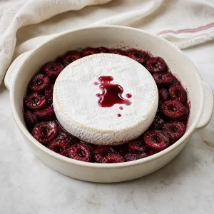 Krążek brie pośrodku pieczonych czereśni