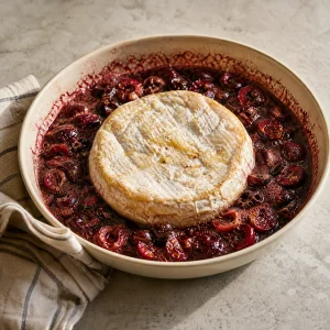 Miękki pieczony brie otoczony bulgoczącymi czereśniami