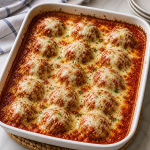 Baked chicken meatballs with bubbling marinara and melted cheese