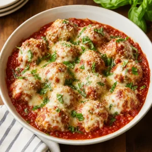 Baked chicken Parmesan meatballs with marinara, melted mozzarella, Parmesan, and basil