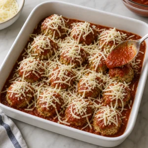 Chicken meatballs topped with marinara sauce and mozzarella before baking
