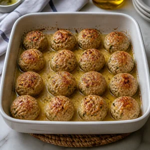Partially baked chicken meatballs lightly browned in a dish