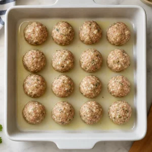 Raw chicken meatballs arranged in a baking dish