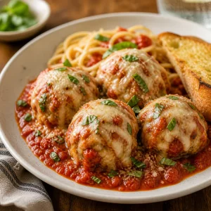 Served chicken Parmesan meatballs garnished with basil