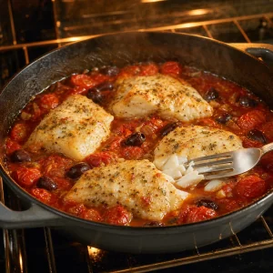 Gebackener Kabeljau in Tomaten-Oliven-Sauce blaettert leicht mit einer Gabel