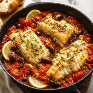 Peixe-Espada Assado com Tomates e Azeitonas
