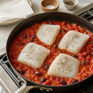 Gewuerzte Kabeljaufilets liegen vor dem Backen in Tomaten-Oliven-Sauce