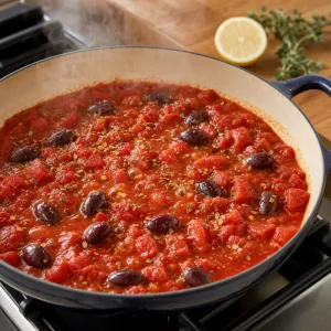 Tomatensauce mit Kalamata-Oliven und Oregano koechelt in der Pfanne