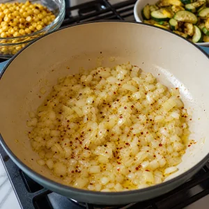 Gewürfelte Zwiebel und Chiliflocken werden in Olivenöl weich