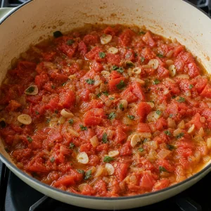 Gewürfelte Tomaten, Knoblauch und Oregano köcheln, bis Saft austritt