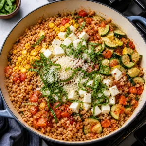 Farro, Gemüse, Basilikum, Mozzarella, Wasser und Parmesan vor dem Backen vermengt