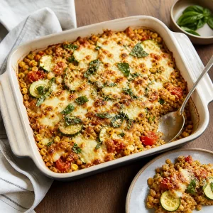 Farro al horno terminado con maíz, calabacín, tomates, albahaca y queso dorado