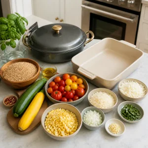 Ofenfeste Pfanne und Auflaufform mit Farro, Gemüse, Kräutern und Käse bereitgestellt