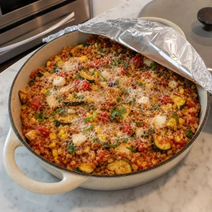 Farro-Auflauf mit Parmesan zum Backen abgedeckt, Folie teilweise angehoben