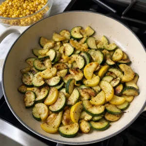 Zucchini- und Sommerkürbisscheiben mit gebräunten Stellen in einer breiten Pfanne