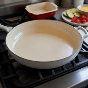 Pusta zaroodporna patelnia nagrzewa sie na kuchence
