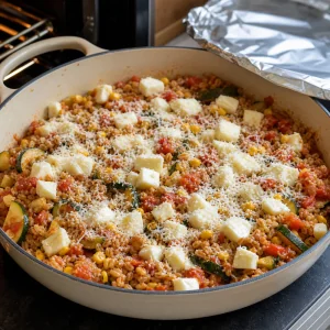 Mozzarella i parmezan dodane do farro przed pieczeniem