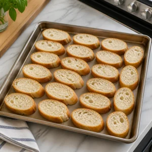 Baguette slices arranged on a baking sheet