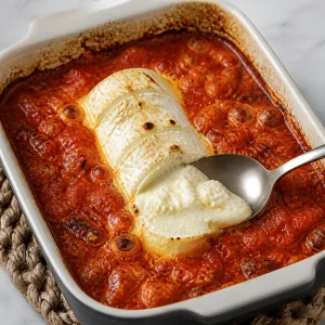 Bubbling tomato sauce around softened baked goat cheese