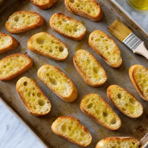 Olive oil brushed baguette slices toasted golden at the edges