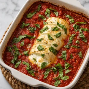 Torn basil scattered over baked goat cheese and tomato sauce