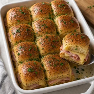 A warm ham and cheese slider lifted from the baking dish