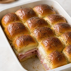 Baked ham and cheese sliders with poppy seed tops in a baking dish