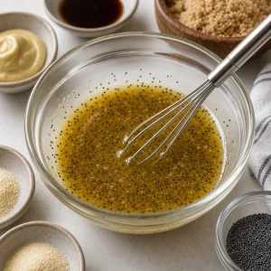 Poppy seed butter mixture whisked in a bowl