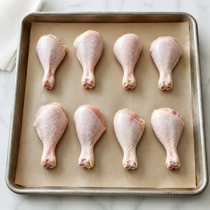 Coxas de frango cruas espaçadas em uma assadeira forrada