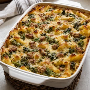 Bronzed baked pasta casserole with bubbling edges