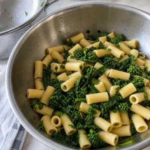 Drained pasta and broccoli rabe in a mixing bowl