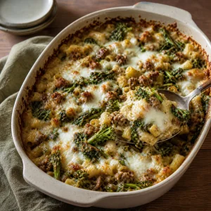 Finished baked pasta with broccoli rabe and sausage in a baking dish