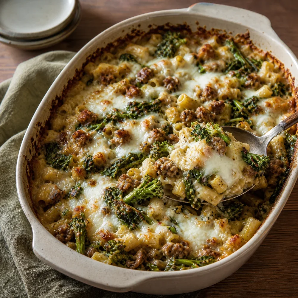 Finished baked pasta with broccoli rabe and sausage in a baking dish
