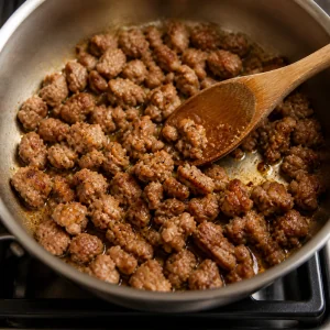 Italian sausage browning in a saucepan