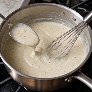 Smooth bechamel sauce coating a spoon