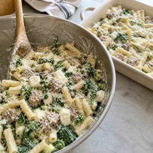 Unbaked creamy pasta mixture with cheese and greens