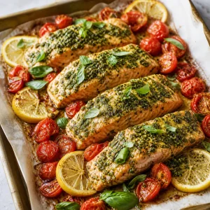 Baked pesto salmon with cherry tomatoes, lemon slices, and fresh basil