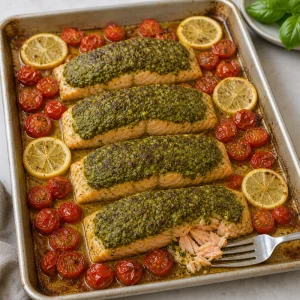 Baked pesto salmon with softened tomatoes and lemon slices on the pan