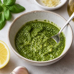 Basil pesto mixed with lemon juice and minced garlic in a bowl