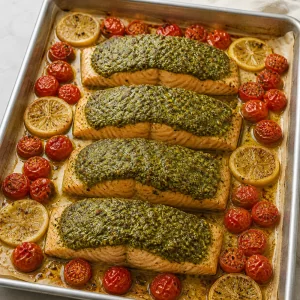 Cooked pesto salmon resting on the hot pan with tomatoes and lemon