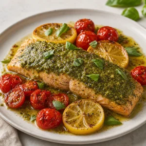 Plated pesto salmon with roasted tomatoes, lemon slices, and basil